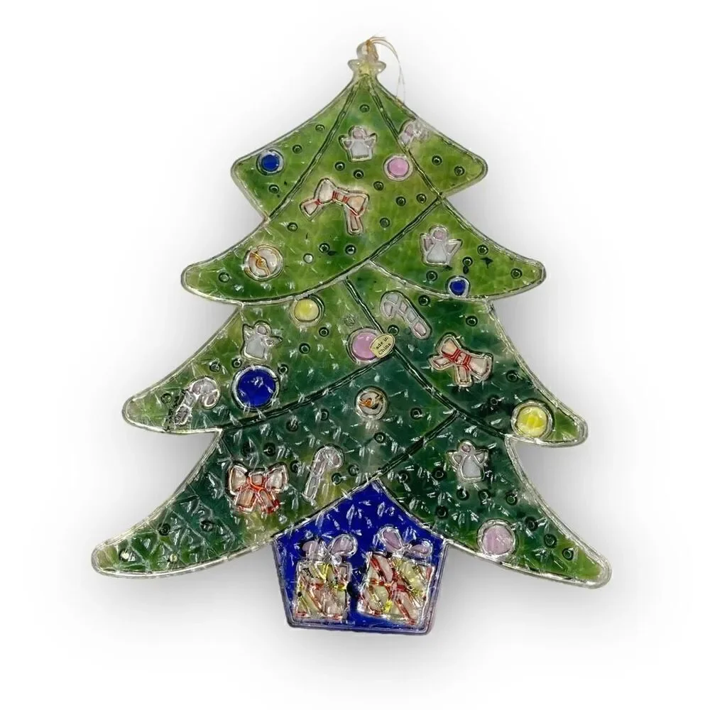 Vintage Christmas Tree Lot of 2 Stained Plastic Sun Catcher Decoration Faded
